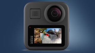 The GoPro Max action camera on a blue background