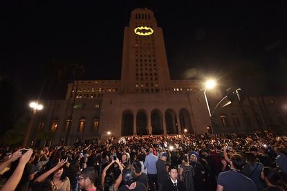 The bat signal on Los Angeles City Hall.