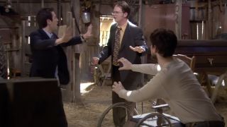 Dwight, Ryan and Mose in the barn at Schrute farms in The Office
