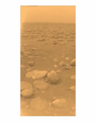 The European Space Agency obtained this image on Jan. 14, 2005, from the Huygens probe during its successful descent to land on Titan; it was the first color view of Titan's surface.