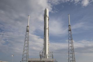A SpaceX Falcon 9 rocket on its launchpad ahead of a successful May 27, 2016 launch of the Thaicom 8 satellite. 