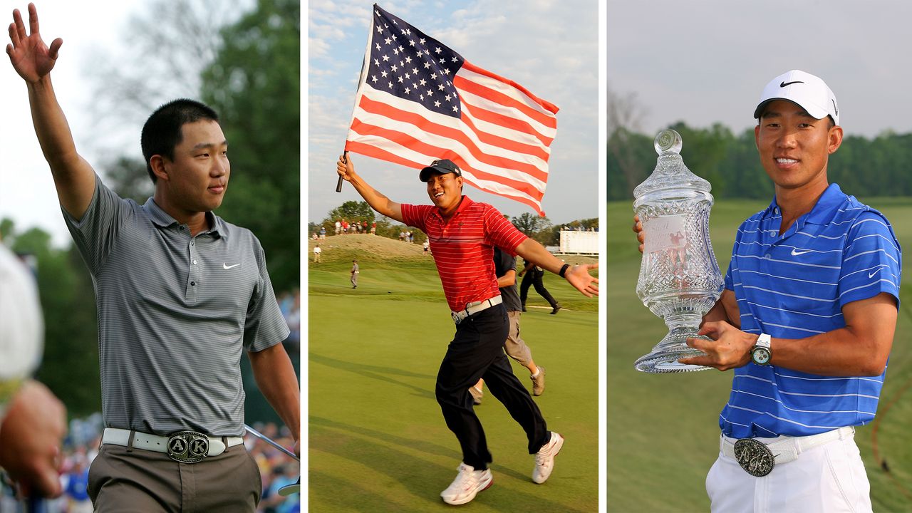 A three-way split screen of various Anthony Kim photos