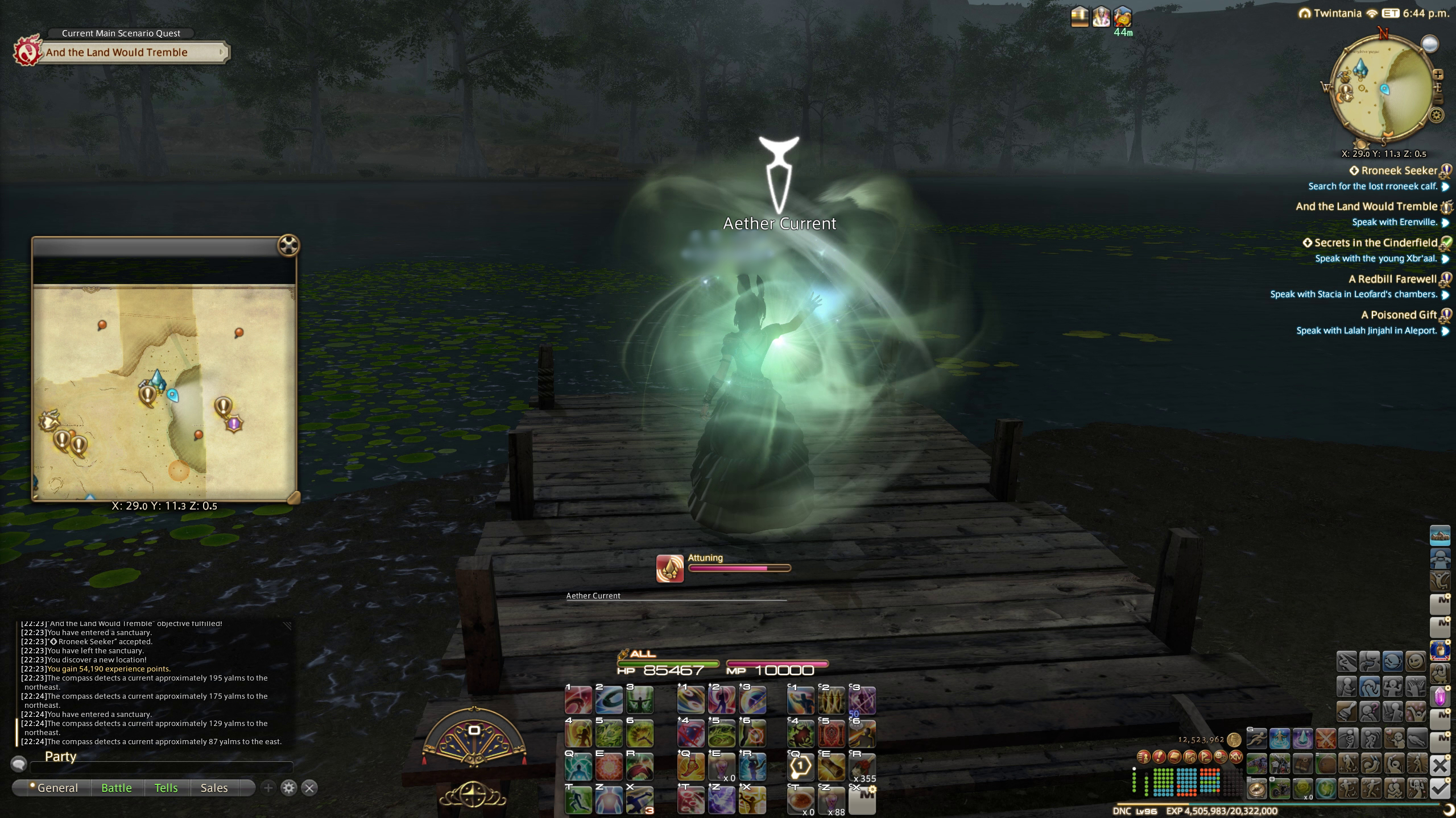 Final Fantasy 14 - A player interacts with a glowing green ball of wind called an Aether Current