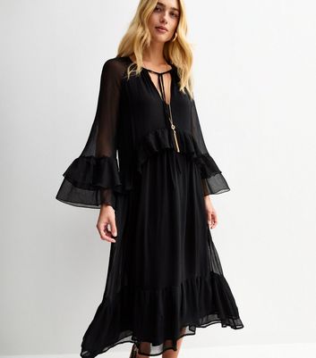 Black Ruffle Trim Chiffon Midi Dress