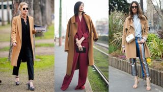 street style influencers wearing camel coat outfits for evening