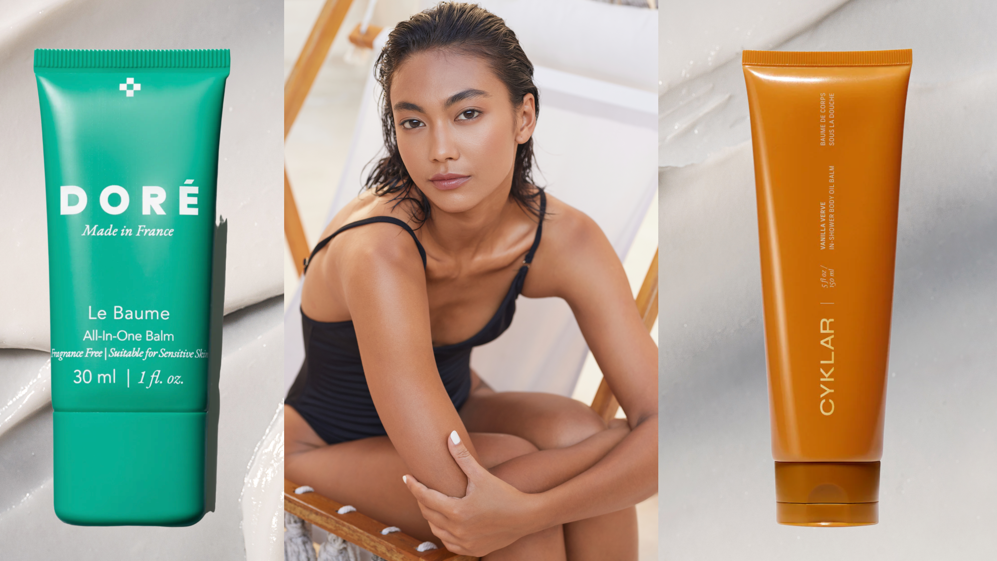 A woman in a one piece bathing suit with glowing skin, next to two body balms.