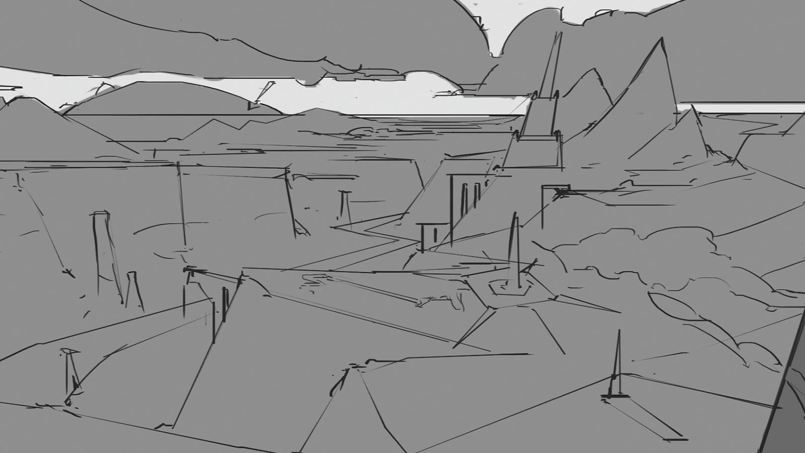 Sketches and 3D renders of a fantasy scene