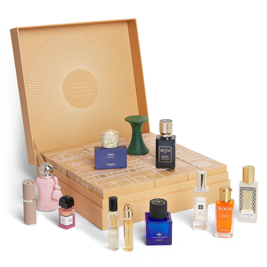 Harrods 12 Days of Fragrance Advent Calendar 2026 with its contents in front of it