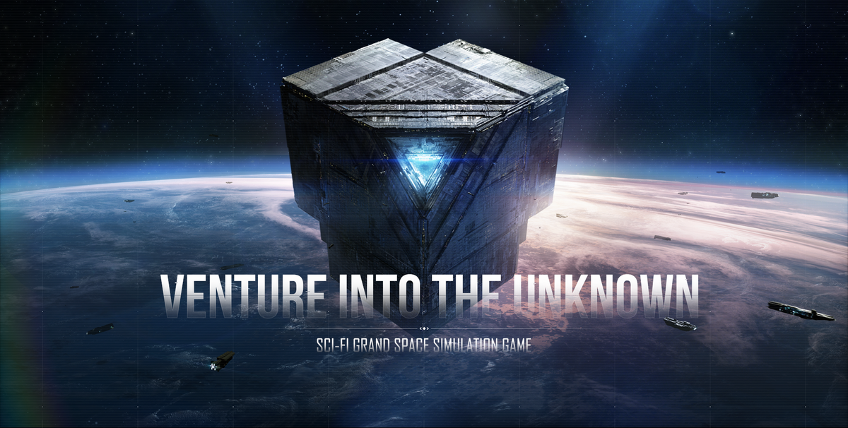 An image of a stargate in the Lagrange System. It hovers above a planet that resembles Earth, and has a blue triangle in the middle that glows. Text over this reads “Venture into the Unknown. Sci-fi grand space simulation game.”