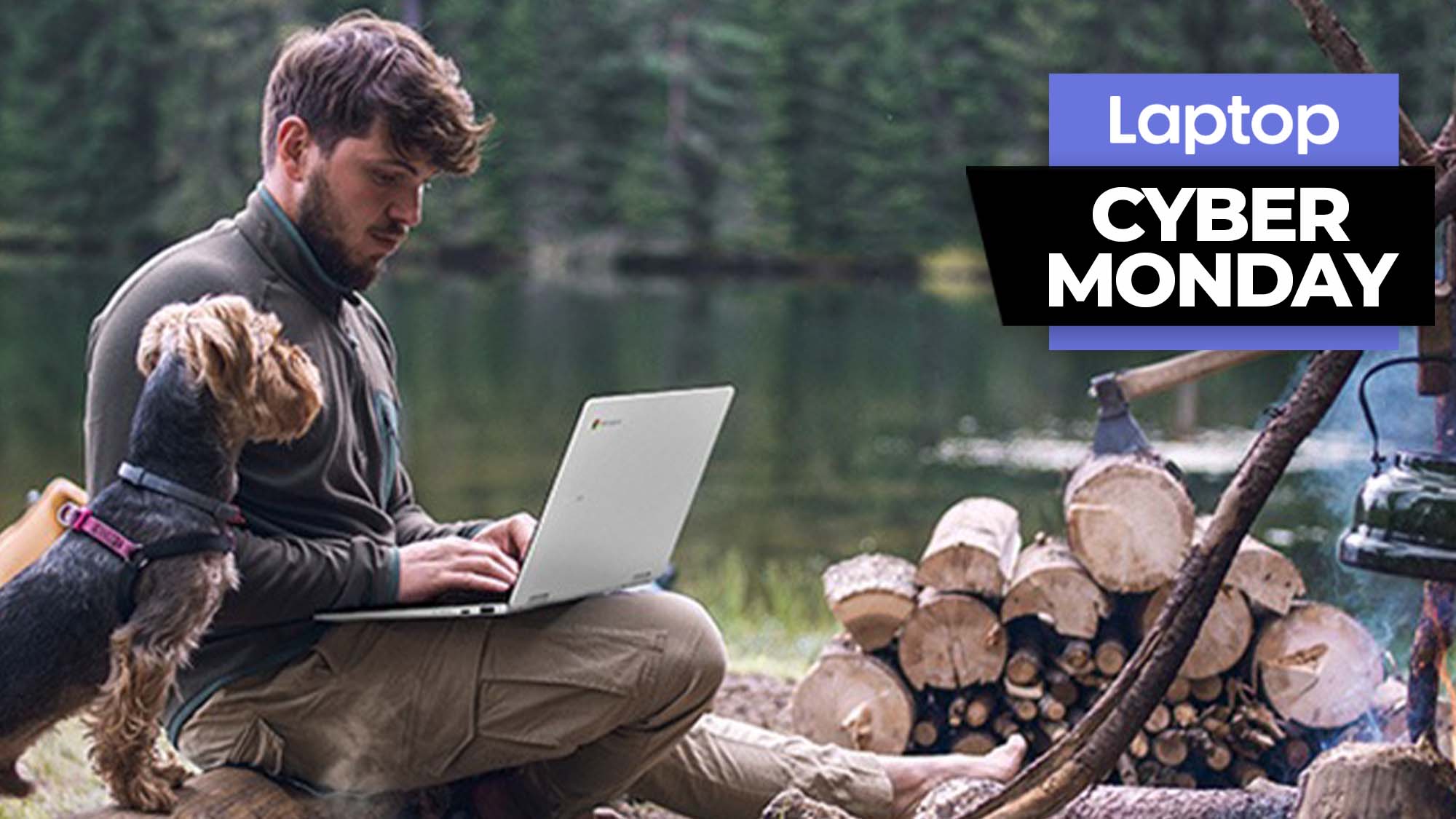 A Samsung Galaxy Chromebook 2 360 laptop is being used with a dog and a man sitting by the fire