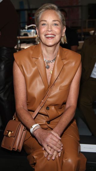 sharon stone wearing all leather suit