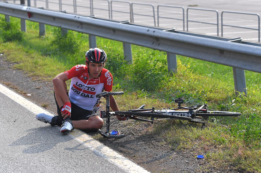 James Shaw of Great Britain and Team Lotto Soudal hit the deck during Il Lombardia