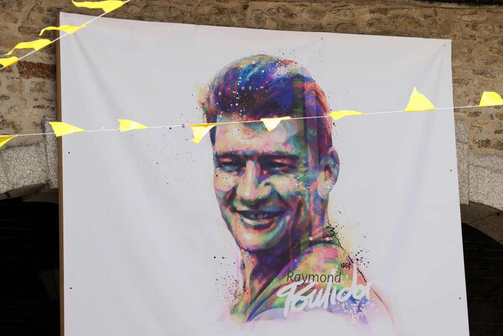SAINTLONARDDENOBLAT FRANCE JULY 09 A mural of Raymond Poulidor of France ex procyclist prior to the stage nine of the 110th Tour de France 2023 a 1824km stage from SaintLonarddeNoblat to Puy de Dme 1412m UCIWT on July 09 2023 in SaintLonarddeNoblat France Photo by Michael SteeleGetty Images