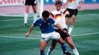 ROME, ITALY - JULY 8: Diego Maradona (L) of Argentina and Guido Buchwald of Germany battle for the ball during the World Cup final match between Argentina and Germany at the Olympic Stadium on July 8, 1990 in Rome, Italy. (Photo by Bongarts/Getty Images)