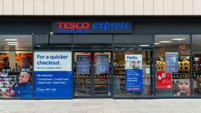 Entrance to the Tesco Express supermarket grocery store in Holborn, London