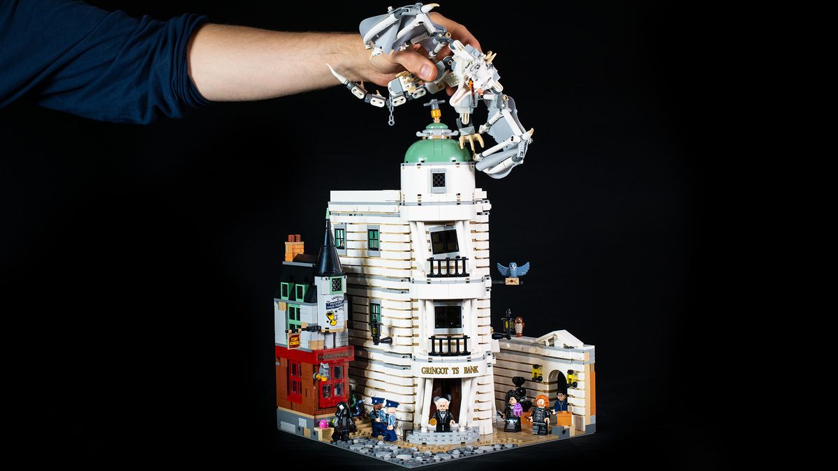 The Lego Harry Potter Gringotts Wizarding Bank, attaching the dragon
