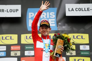 LA COLLESURLOUP FRANCE MARCH 08 Mattias Skjelmose of Denmark and Team Lidl Trek celebrates at podium as stage winner during the 82nd Paris Nice 2024 Stage 6 a 1982km stage from Sisteron to La CollesurLoup UCIWT on March 08 2024 in La CollesurLoup France Photo by Alex BroadwayGetty Images