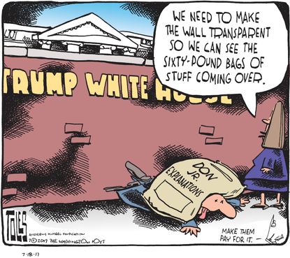Political cartoon U.S. Trump Jr. Russia investigation transparency border wall