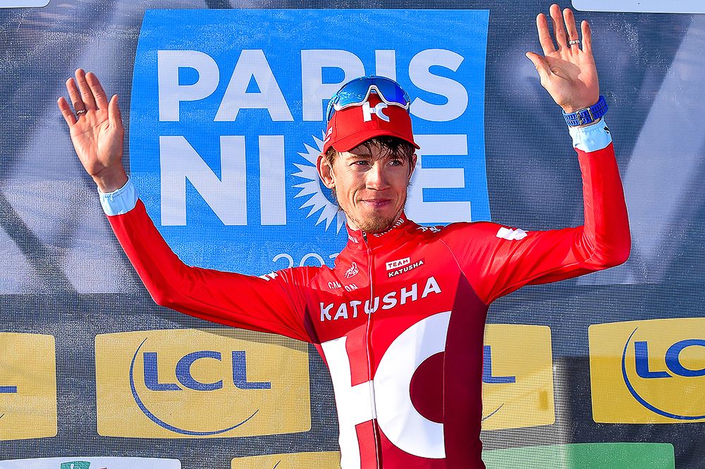 Ilnur Zakarin on the stage 6 podium following his win.