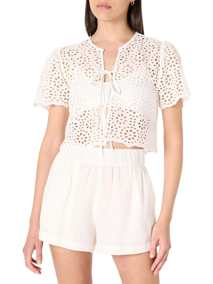 The Drop, Doca Lace Tie Front Top With Scallop Detail