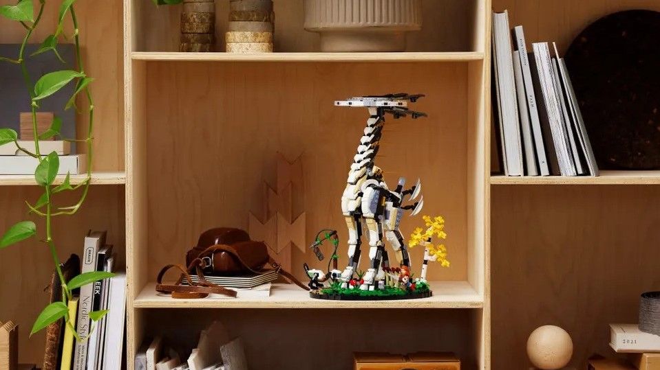 A Lego Horizon Forbidden West Tallneck set on a shelf.