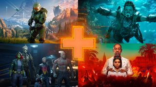 Images from new games: clockwise from top left - Halo Infinite, Horizon Forbidden West, Marvel's Guardians of the Galaxy, Far Cry 6