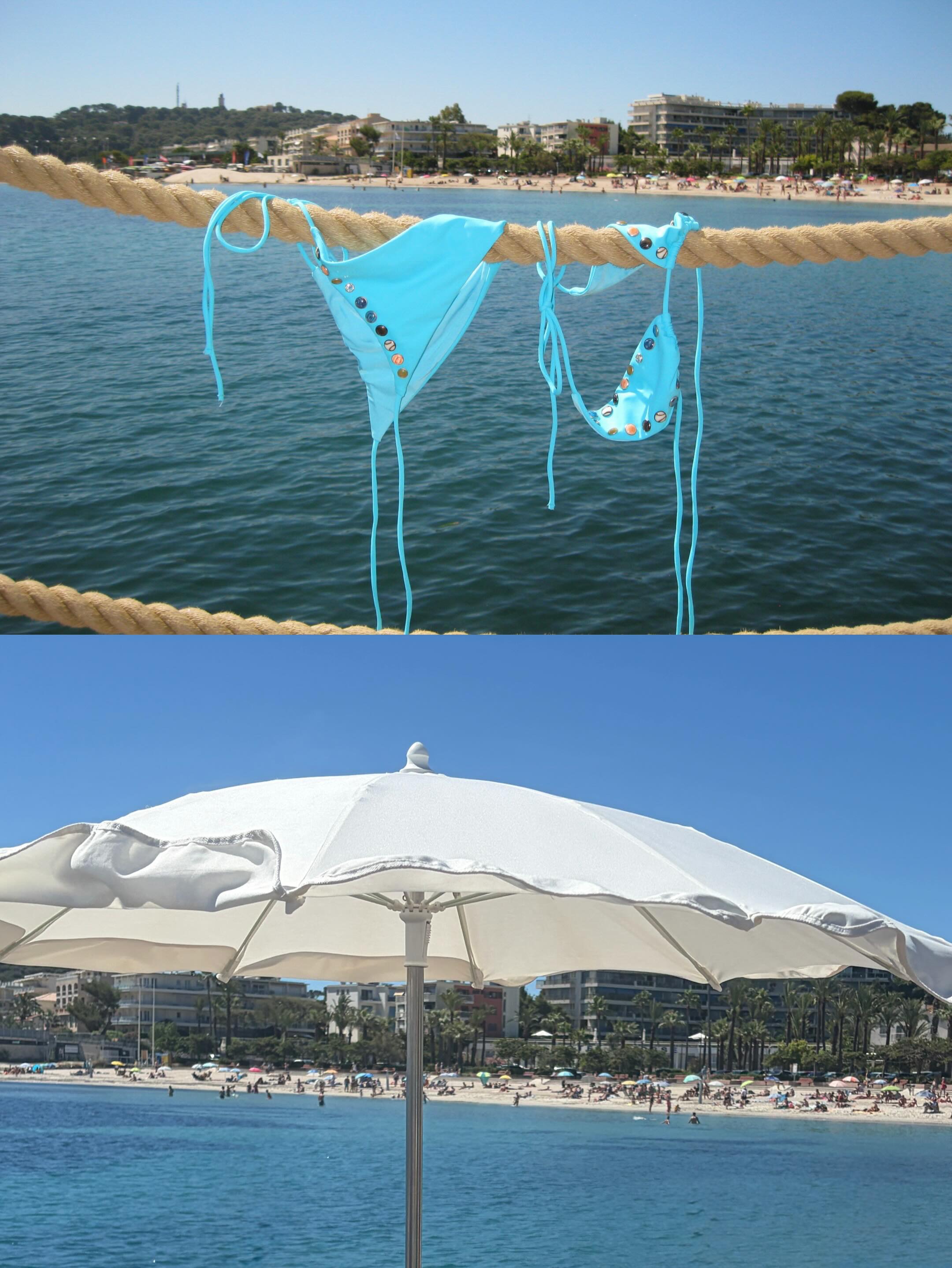 A split image of a swimsuit and an umbrella.