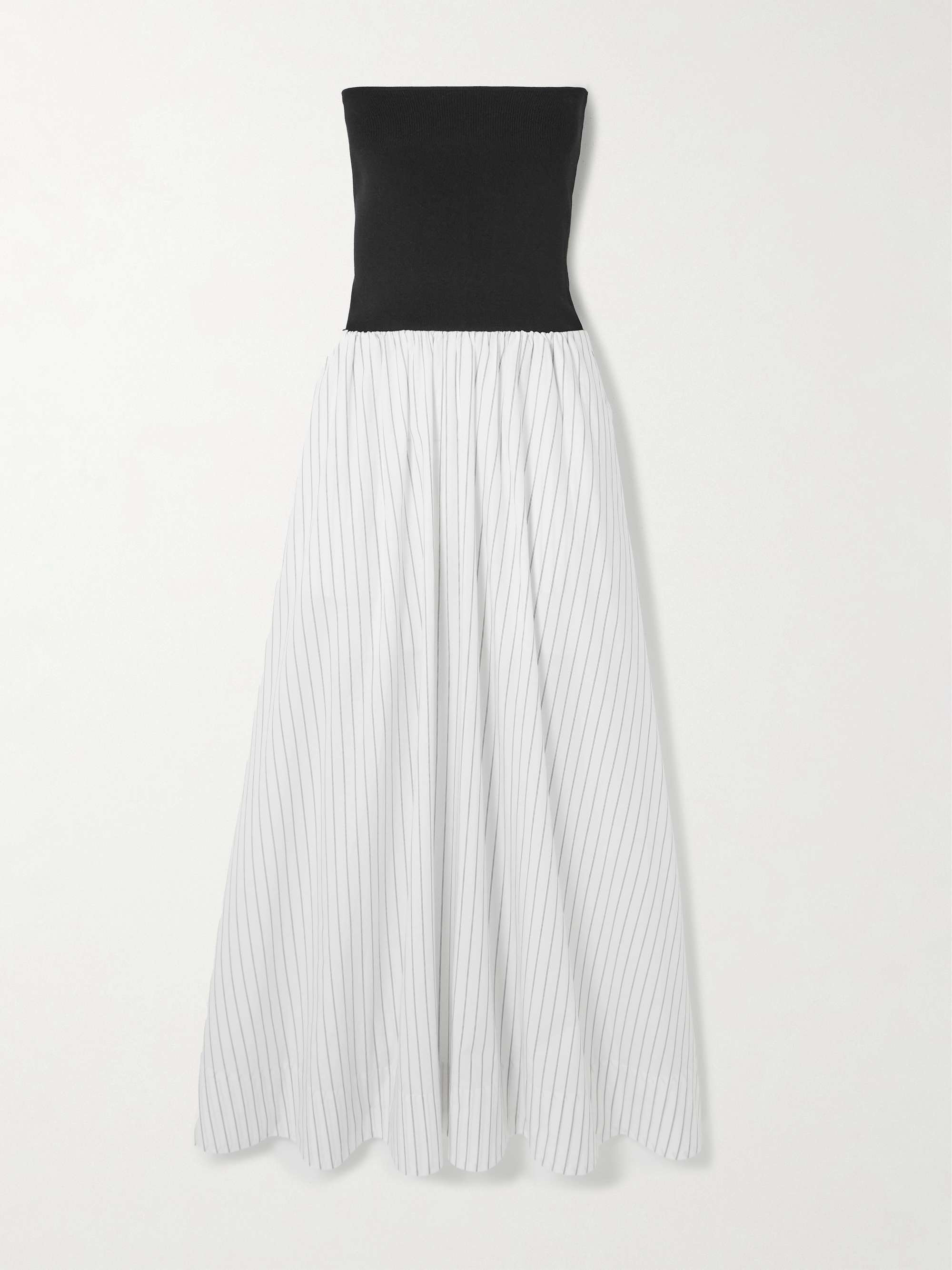 Strapless Jersey and Pinstriped Organic Cotton Maxi Dress