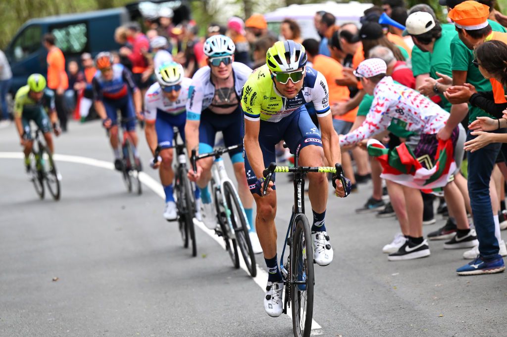 EIBAR SPAIN APRIL 06 Rein Taaramae of Estonia and Team Intermarche Wanty competes in the chase group while fans cheer during the 63rd Itzulia Basque Country 2024 Stage 6 a 1378km stage from Eibar to Eibar UCIWT on April 06 2024 in Eibar Spain Photo by Tim de WaeleGetty Images