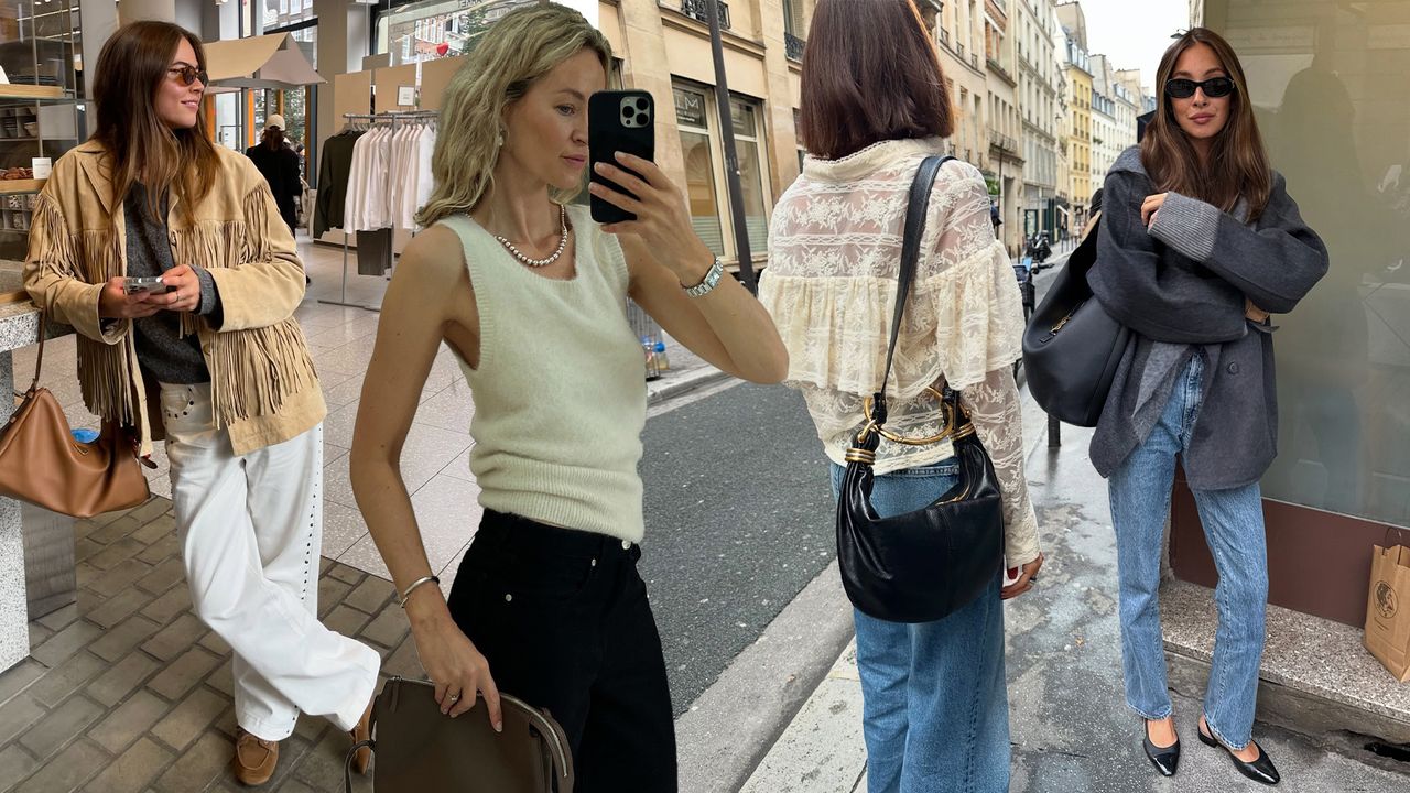 Collage of fashion influencers @lunaisabellaa, @anoukyve, @smythsisters, and @fakerstrom wearing chic denim outfits with pretty fashion trends such as brushed wool, boho-inspired blouses, slingback shoes, and fringe jackets. 