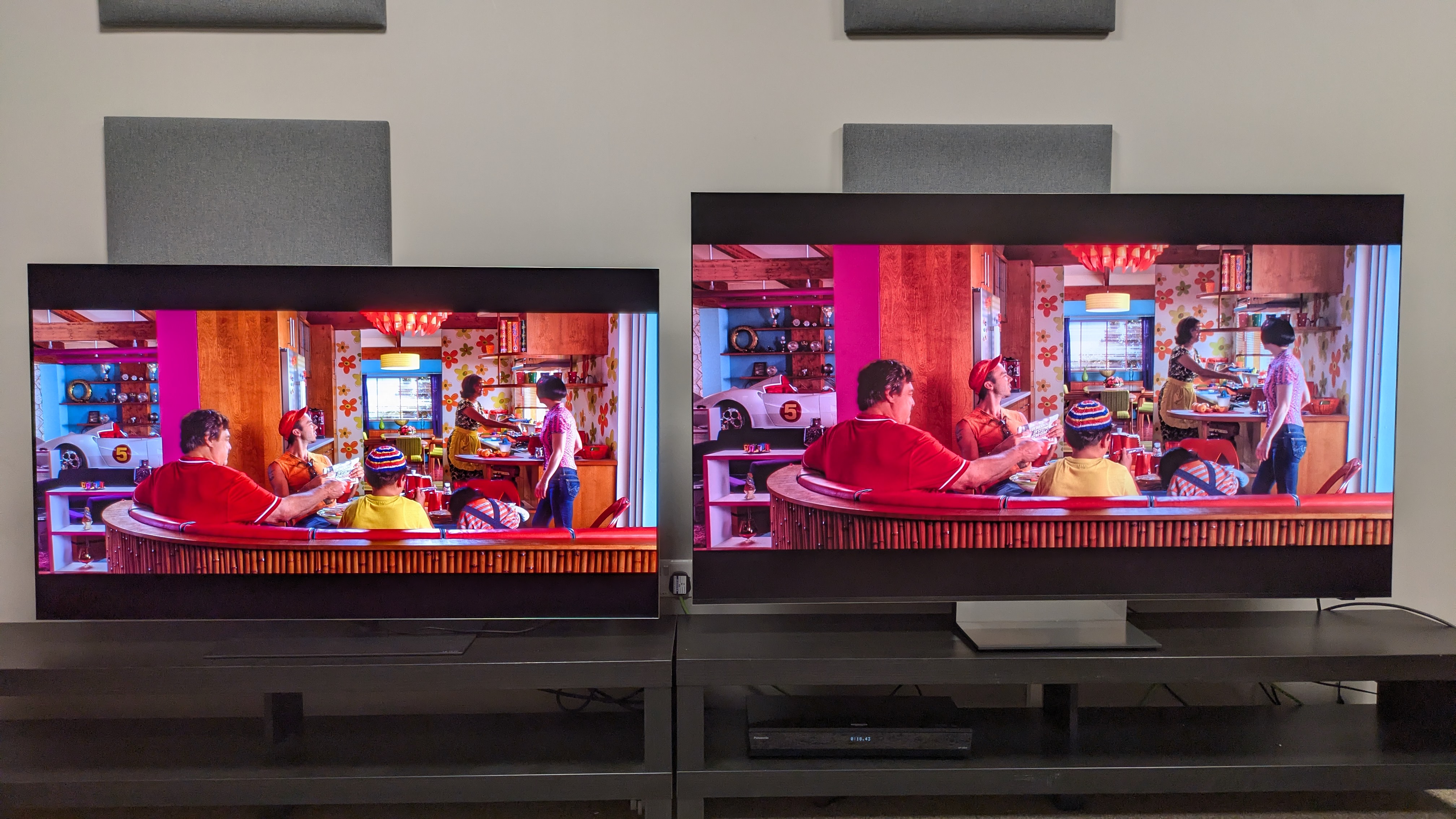 LG G6 (left) vs Samsung R95H (right) showing the Racer family at reakfast from Speed Racer. Both TVs deliver bold, vibrant colors, but the G6's are richer