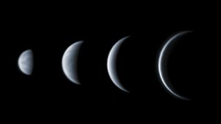This set of images taken in 2004 show the phases and relative size of Venus as seen from Earth as it moves around the Sun. The images were taken with a 180cm Maksutov Newtonian telescope from Northampton in The UK. (Photo by Jamie Cooper/SSPL/Getty Images)
