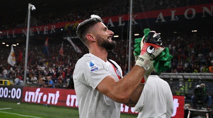 Olivier Giroud celebrates after AC Milan&#039;s win over Genoa in October 2023, which saw him end up in goal following a red card for Mike Maignan.