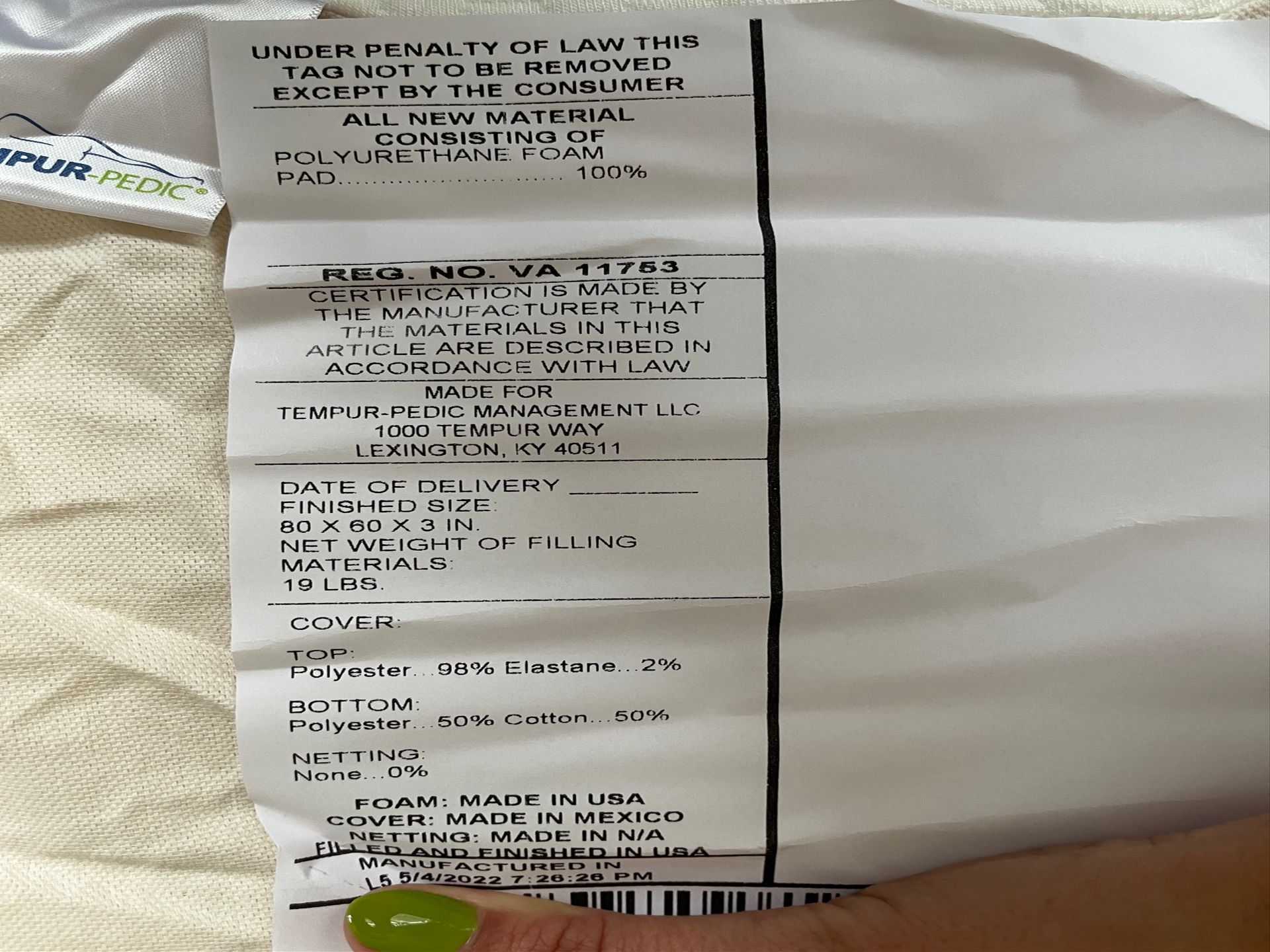 TEMPUR-Topper Supreme materials tag