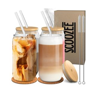 Glass coffee cups with wooden lids