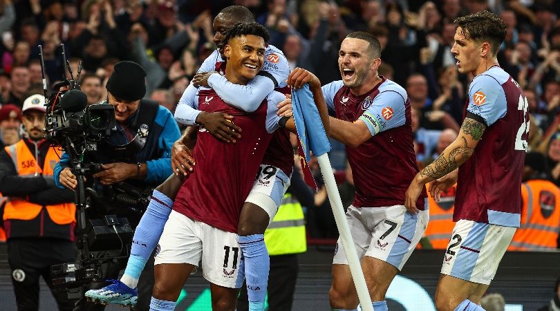 Aston Villa players celebrate a goal in their 4-1 win over West Ham in October 2023.