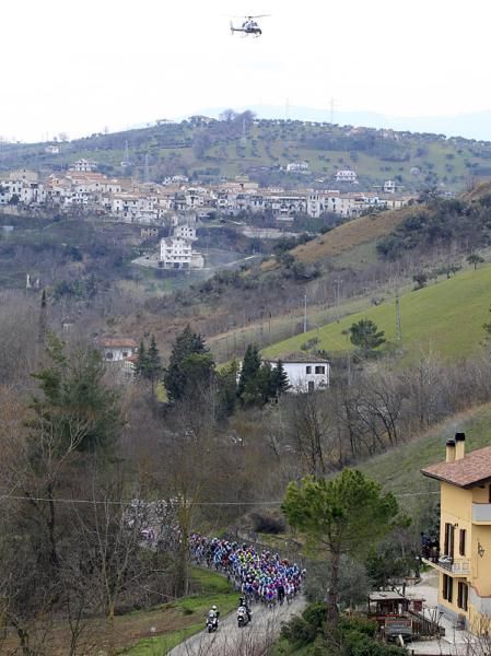 The television helicopter tracks the peloton at Tirreno-Adriatico.