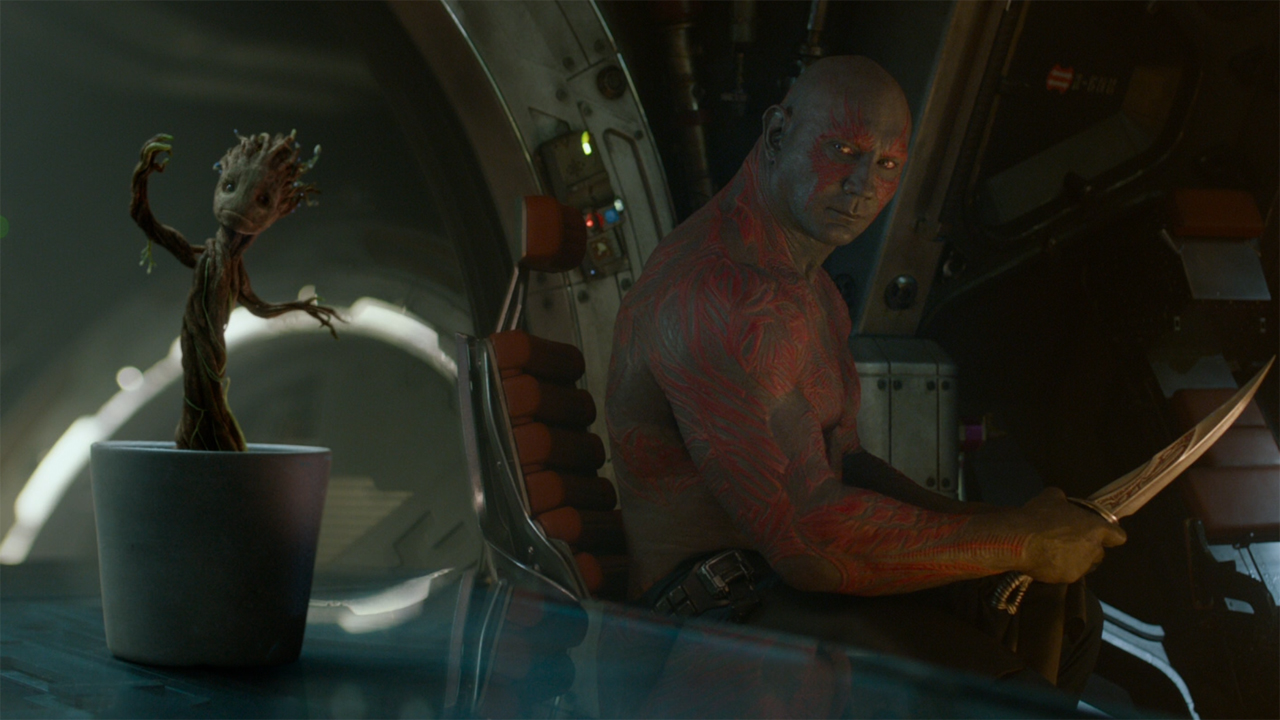 Drax and baby Groot in Guardians of the Galaxy