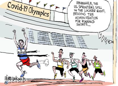 Editorial Cartoon World Trump South Korea Olympics COVID-19 sprinters medical equipment uniforms