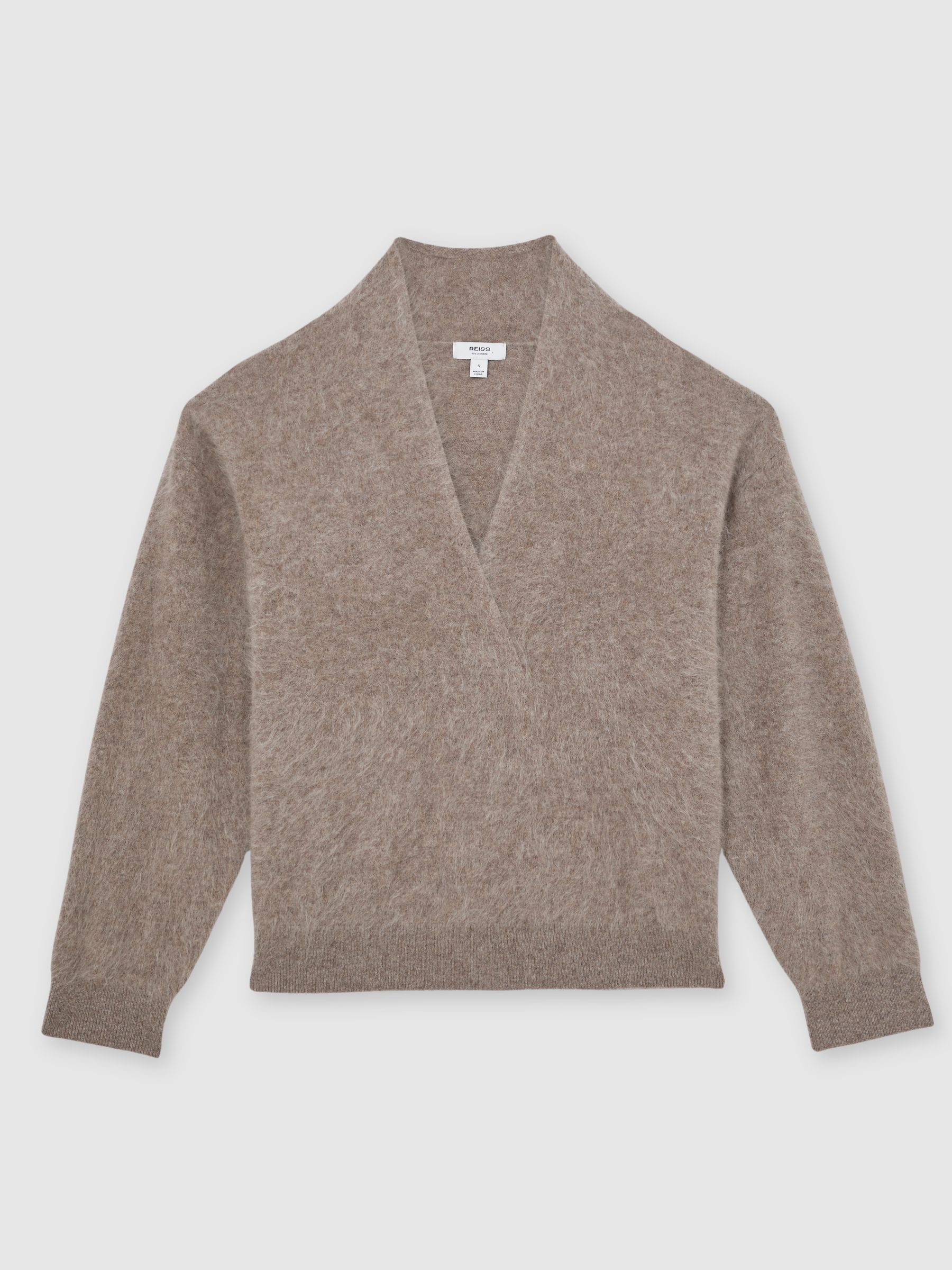 100% Brushed Cashmere Shawl-Neck Jumper in Oatmeal Neutral
