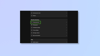 Screenshot of the Spotify website with a box highlighting Change password under Security and privacy. 