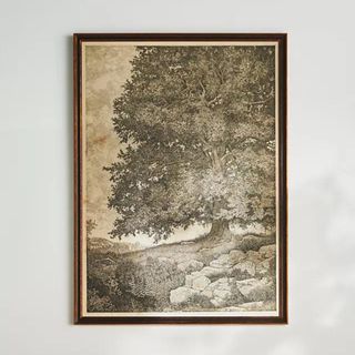 A detailed black and white painting of a tree
