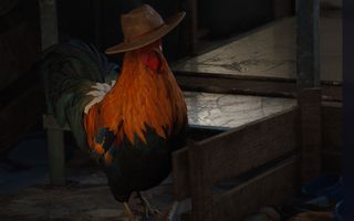Arc Raiders cat bed location: A close-up of Scrappy the rooster wearing a cowboy hat, standing next to a wooden crate.