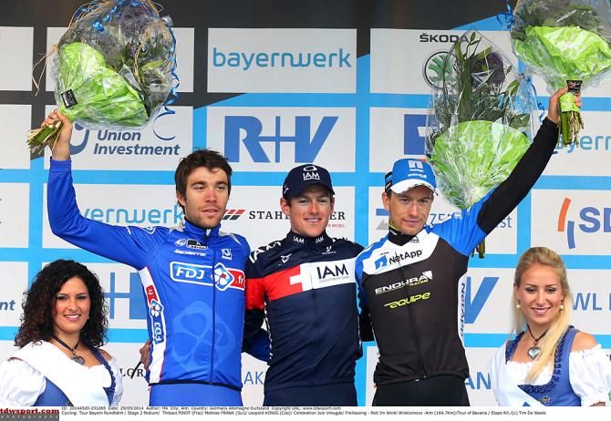 The stage two podium: Thibaut Pinot (FDJ), Mathias Frank (IAM Cycling), Leopold Konig (Ag2r-La Mondiale)