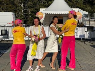Zwift's Kate Veronneau and Liv Cycling's Cassondra Spring (far right) at the Tour de France Femmes