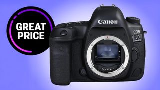 A Canon EOS 5D Mark IV camera displayed against a purple background, accompanied by a "Great Price" badge