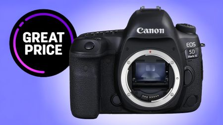 A Canon EOS 5D Mark IV camera displayed against a purple background, accompanied by a "Great Price" badge