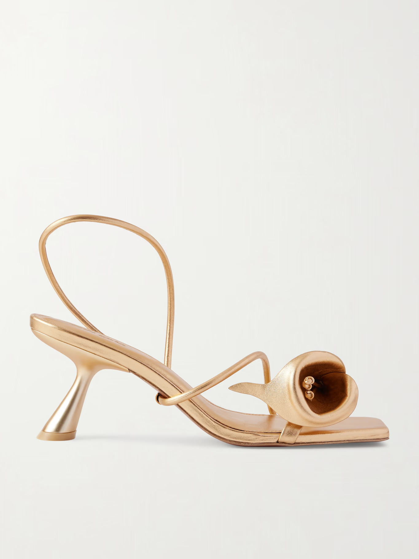 Gold strappy heels with calla lily embellishment