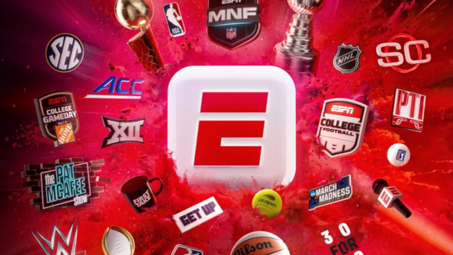 The ESPN logo surrounded by various sporting logos, on a red, dusty splash background