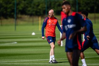 Manager Erik ten Hag of Manchester United in action during a first team training session at Carrington Training Ground on July 08, 2024 in Manchester, England. (Photo by Ash Donelon/Manchester United via Getty Images)